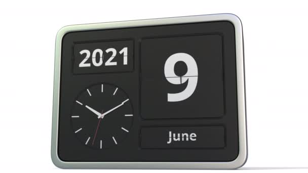 10 Ιουνίου ημερομηνία στο ημερολόγιο ρολόι αναστροφή, 3d animation — Αρχείο Βίντεο