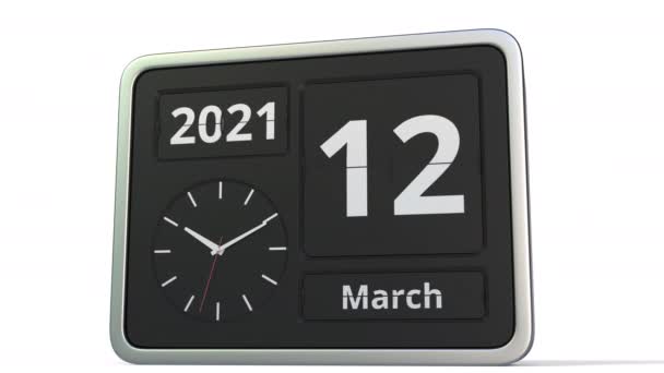 3月13日翻转时钟日历上的日期，3D动画 — 图库视频影像