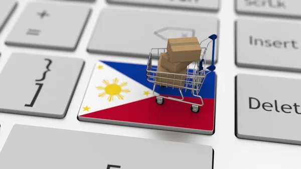Teclado de computadora con bandera de Filipinas y carrito de compras con cartones, renderizado 3D conceptual de compras en línea — Foto de Stock