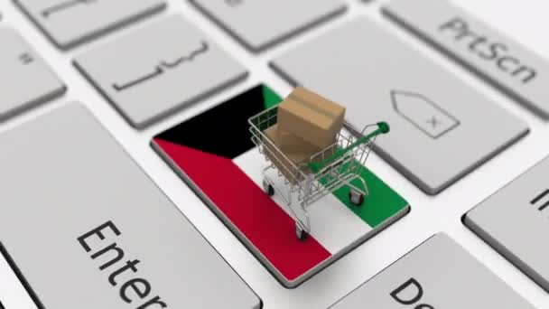 Klíč s vlajkou Kuvajtu a nákupní košík s krabicemi, smyčka internetové podnikání související 3D animace — Stock video