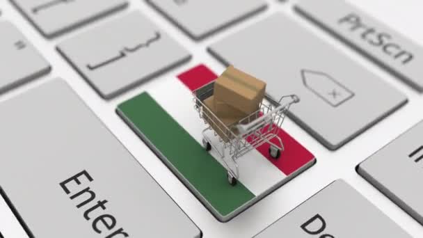 Teclado con bandera de Hungría y carrito de compras con cajas. Compras en línea relacionadas looping animación 3d — Vídeo de stock