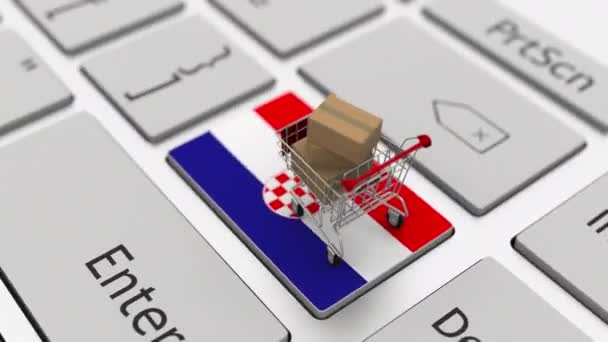 Κλειδί πληκτρολογίου με σημαία Κροατίας και καλάθι αγορών με κουτιά. Online αγορές που σχετίζονται με looping 3d animation — Αρχείο Βίντεο