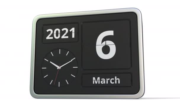 7 maart datum op de klassieke flip clock kalender, 3d animatie — Stockvideo