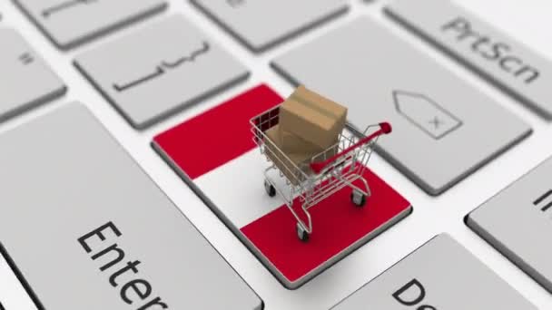 Tastiera con bandiera del Perù e carrello con scatole. Shopping online correlati loop animazione 3d — Video Stock