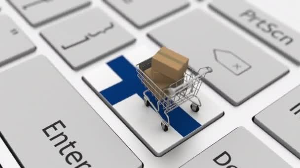 Teclado con bandera de Finlandia y carrito de compras con cajas. Compras en línea relacionadas looping animación 3d — Vídeos de Stock