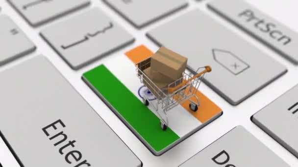 Teclado clave con bandera de la India y carrito de compras con cajas. Compras en línea relacionadas looping animación 3d — Vídeo de stock