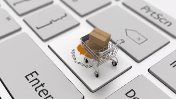 Computer-Tastatur-Taste mit Flagge von Zypern und Warenkorb mit Kartons, Looping Online-Shopping konzeptionelle 3D-Animation — Stockvideo