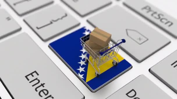 Tastiera per computer con bandiera della Bosnia e carrello con cartoni, loop di shopping online concettuale animazione 3d — Video Stock