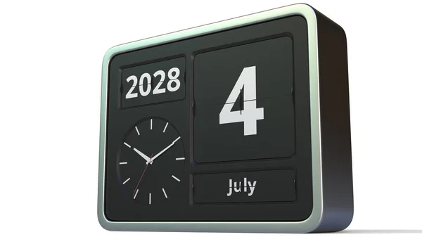 4 juli 2028 datum op de flip clock kalender, 3d weergave — Stockfoto