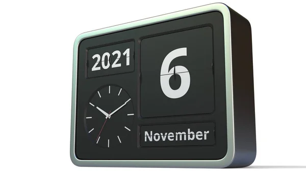 Novembro 6 data no calendário do relógio flip, renderização 3d — Fotografia de Stock