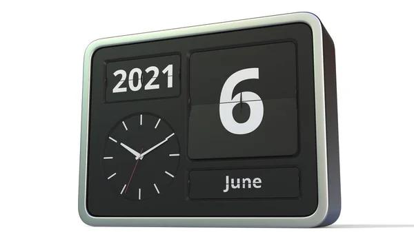 6 de junio fecha en el calendario de reloj flip, 3d renderizado —  Fotos de Stock