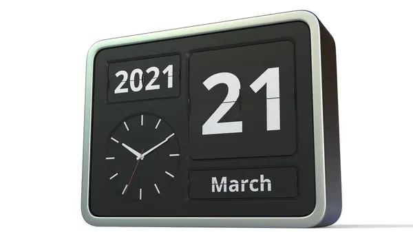Março 21 data no calendário do relógio flip, 3d renderização — Fotografia de Stock