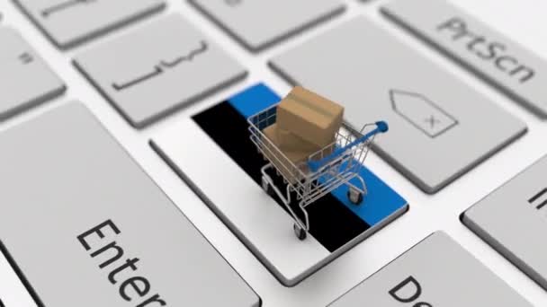 Teclado con bandera de Estonia y carrito de compras con cajas. Compras en línea relacionadas looping animación 3d — Vídeo de stock