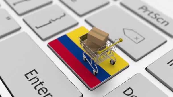 Tastiera per computer con bandiera della Colombia e carrello con cartoni, loop di shopping online concettuale animazione 3d — Video Stock