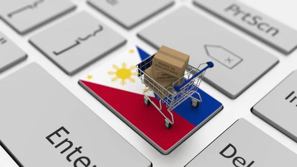 Productos fabricados en Filipinas en el carrito de la compra en el teclado. Conceptos de exportación o importación, representación 3d — Foto de Stock