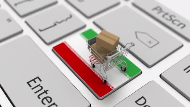 Computer-Tastatur-Taste mit Flagge des Iran und Warenkorb mit Kartons, Looping Online-Shopping konzeptionelle 3D-Animation — Stockvideo