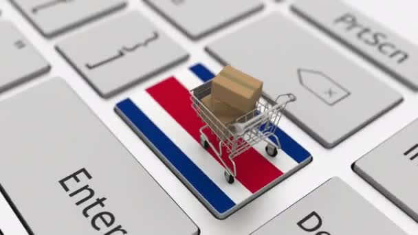 Κλειδί πληκτρολογίου με σημαία της Κόστα Ρίκα και καλάθι αγορών με κουτιά. Online αγορές που σχετίζονται με looping 3d animation — Αρχείο Βίντεο