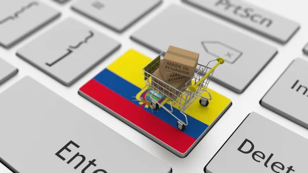 Caixas com texto MADE IN ECUADOR e carrinho de compras no teclado do computador. Renderização 3d conceitual — Fotografia de Stock