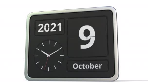 10月10日翻转时钟日历上的日期，3D动画 — 图库视频影像
