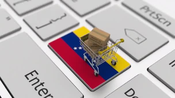 Lådor med MADE IN VENEZUELA text och kundvagn på tangentbordet. Konceptuell looping 3D-animation — Stockvideo