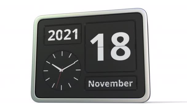 19 listopada data w kalendarzu flip clock, animacja 3D — Wideo stockowe
