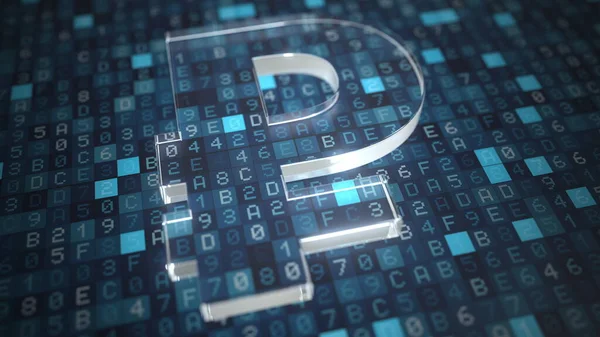 Ruble symbol on a blue computer screen background. Fintech or modern digital currency concepts. 3d rendering