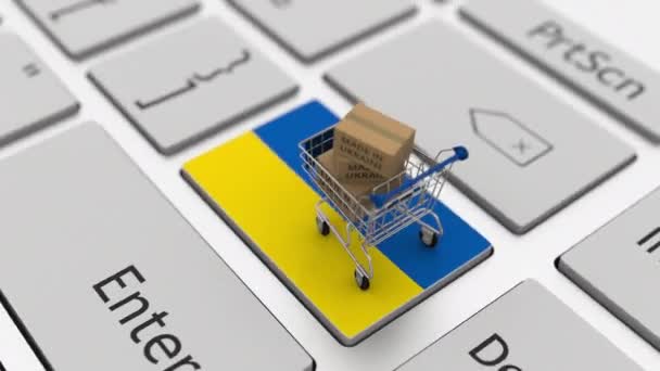 Cajas con texto MADE IN UKRAINE y carrito de compras en el teclado. Conceptual looping 3d animación — Vídeo de stock