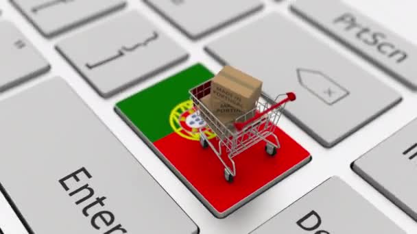 Κουτιά με Made in Portugal κείμενο και καλάθι αγορών στο πληκτρολόγιο. Εννοιολογική looping 3d animation — Αρχείο Βίντεο