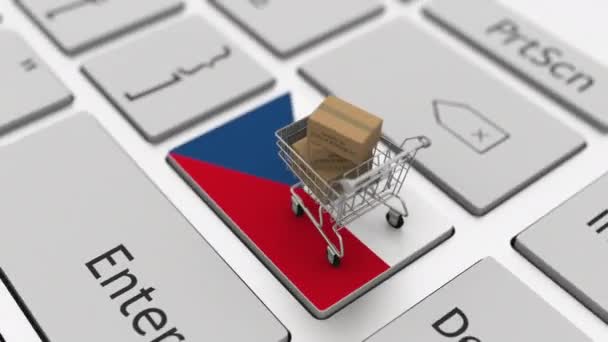 Mallar Çek Cumhuriyeti 'nde klavyede alışveriş arabasında yapıldı. Kavramları aktar veya içeri aktar, 3d döngü canlandırması — Stok video