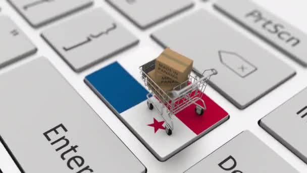 Marchandises fabriquées au Panama dans le panier sur le clavier. Exporter ou importer des concepts, bouclage animation 3d — Video