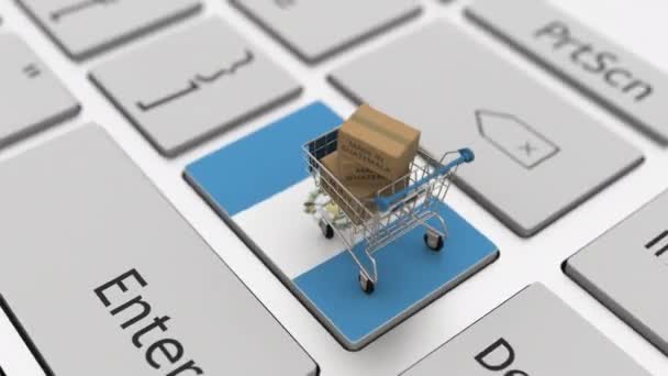 Goods made in Guatemala in the shopping cart on the keyboard. Export or import concepts, looping 3d animation — Stock Video