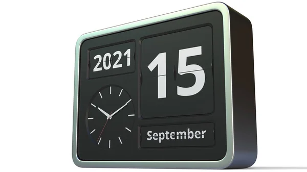 Дата 15 сентября на флип-часах календарь, 3D рендеринг — стоковое фото
