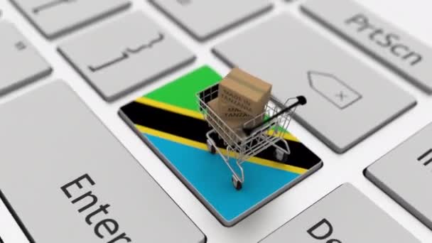 Cajas de cartón con texto MADE IN TANZANIA y carrito de compras en el teclado. Conceptual looping 3d animación — Vídeo de stock