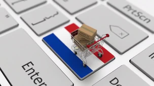 Goods made in Paraguay in the shopping cart on the keyboard. Export or import concepts, looping 3d animation — Stock Video