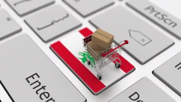 Key with flag of Lebanon and shopping cart with boxes, looping internet business related 3d animation — Stock Video