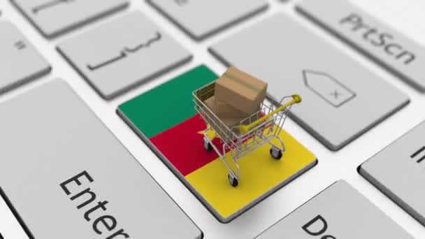 Tastiera per computer con bandiera del Camerun e carrello con cartoni, loop di shopping online concettuale animazione 3d — Video Stock