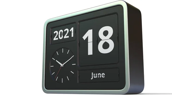 18 de junio fecha en el calendario de reloj flip, 3d renderizado —  Fotos de Stock