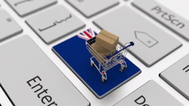 Kundvagn på tangentbordet nyckel med flagga Nya Zeeland. Looping e-handel relaterad 3D-animation — Stockvideo
