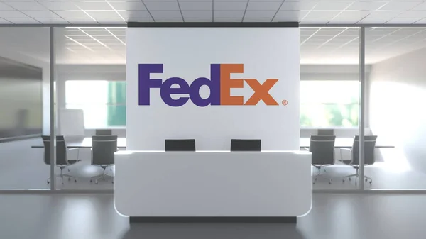 โลโก้ของ FEDEX บนผนังในสํานักงานสมัยใหม่, แนวคิดการบรรณาธิการ 3D — ภาพถ่ายสต็อก