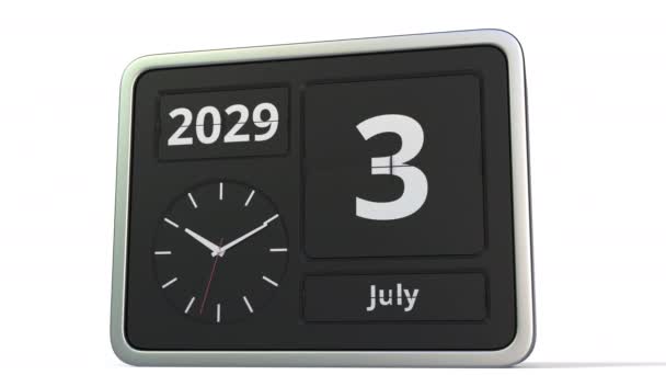 4 lipca 2029 data w kalendarzu flip clock, animacja 3D — Wideo stockowe
