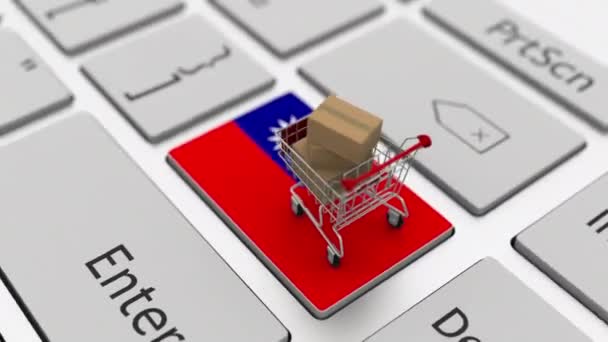 Sleutel met vlag van Taiwan en winkelwagen met dozen, lussen internet business gerelateerde 3d animatie — Stockvideo