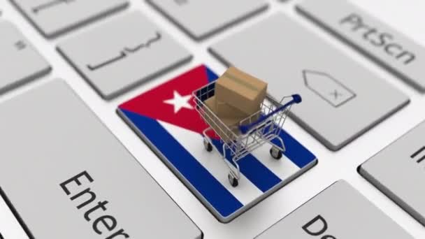 Tangentbord nyckel med flagga Kuba och kundvagn med lådor. Online shopping relaterade looping 3D-animation — Stockvideo