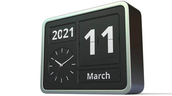 Março 11 data no calendário do relógio flip, renderização 3d — Fotografia de Stock
