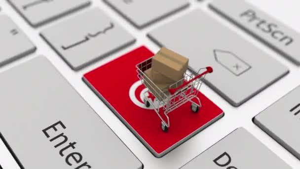 Keyboard key with flag of Tunisia and shopping cart with boxes. Online shopping related looping 3d animation — Stock Video