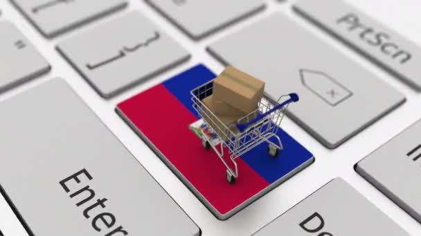 Tecla de teclado do computador com bandeira do Haiti e carrinho de compras com caixas, looping compras on-line 3d animação conceitual — Vídeo de Stock