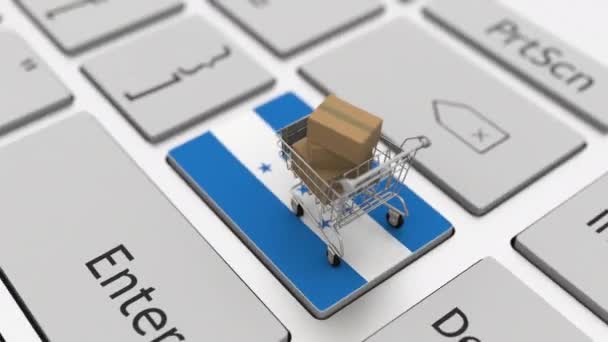 Tecla de teclado de computador com bandeira de Honduras e carrinho de compras com caixas, looping compras on-line 3d animação conceitual — Vídeo de Stock