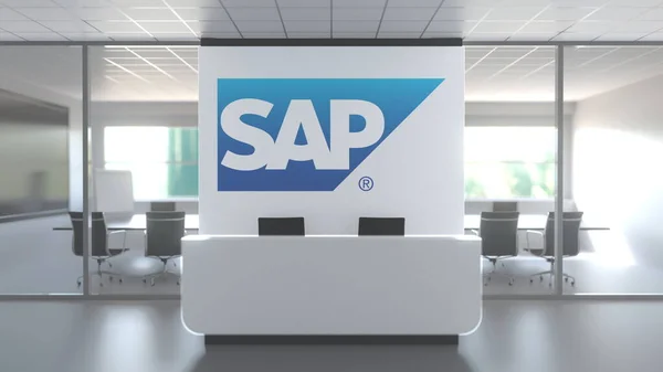 Logo SAP di atas meja resepsionis di kantor modern, editorial 3D rendering — Stok Foto