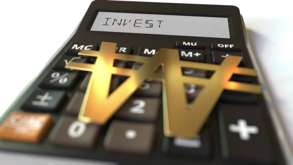 Vann valutasymbolen på tangenterna och INVEST-texten på miniräknarens display. Begreppsmässig 3d-tolkning — Stockfoto