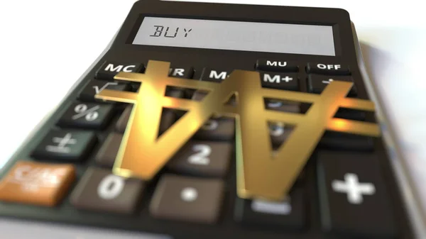 Compra il testo sul display della calcolatrice e vinci il simbolo della valuta. Rendering concettuale 3d — Foto Stock