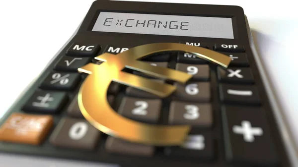 Euro symbol měny na klávesách a EXCHANGE text na displeji kalkulačky. Konceptuální 3D vykreslování — Stock fotografie